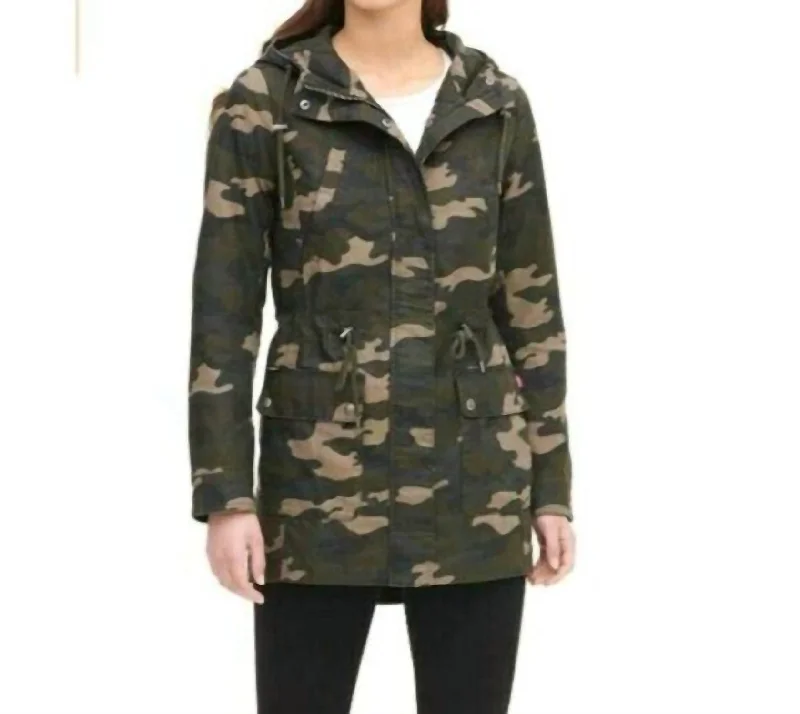 Designer SweatshirtsThe Jess Cotton Fishtail Camo Print Hooded Parka Jacket In Green