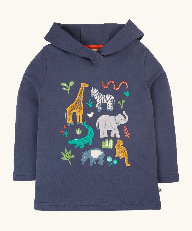 Yoga SweatshirtsFrugi Campfire Hooded Top - Navy Blue/Go Wild Animals