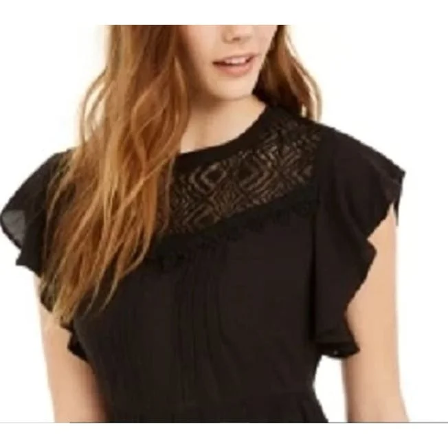 Streetwear Short Sleeve TopsAmerican Rag Junior's Lace Trimmed Flutter Sleeve Top Black Size X-Small