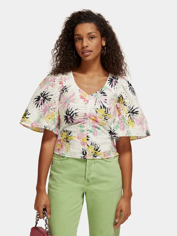 Retro Short Sleeve TopsRuched front flutter sleeve top