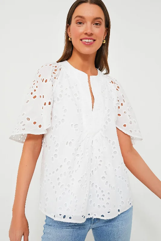 High-Fashion Short Sleeve TopsWhite Eyelet Finley Flutter Sleeve Top