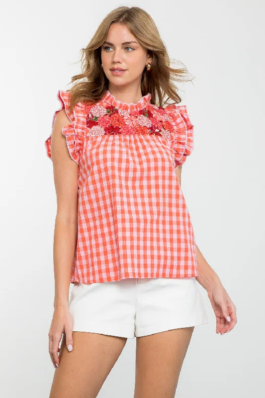 Logo Short Sleeve TopsTop | Flutter Sleeve Gingham