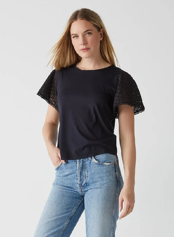 Relaxed Fit Short Sleeve TopsJenny Eyelet Mixed Flutter Sleeve Top