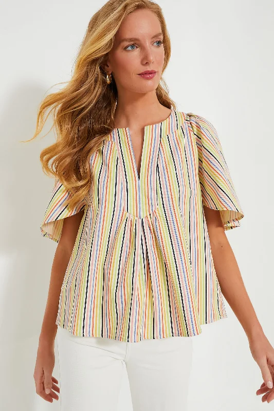 Polyester Short Sleeve TopsRainbow Stripe Finley Flutter Sleeve Top