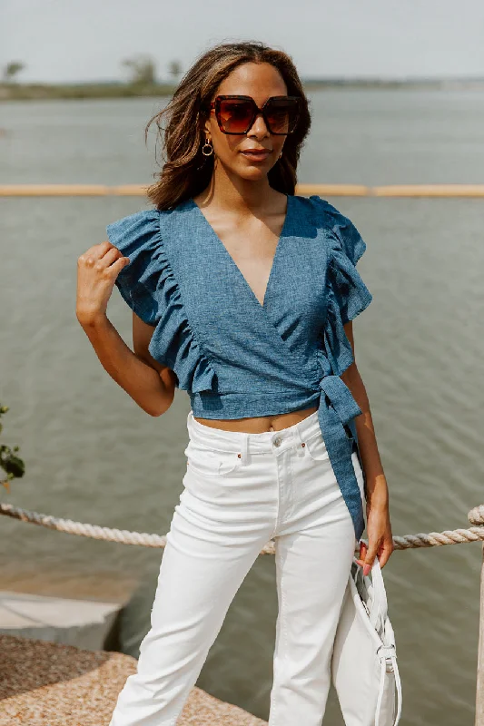 Hemp Short Sleeve TopsTHE CARA FLUTTER SLEEVE TOP IN BLUE