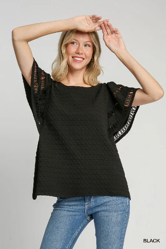 Yoga Short Sleeve TopsBlack Textured Top w/ Flutter Sleeves