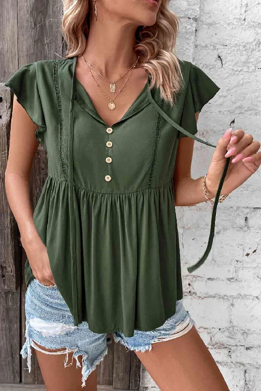 Running Short Sleeve TopsButtoned Tie Neck Flutter Sleeve Babydoll Top