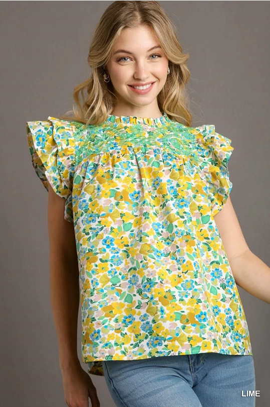 Sheer Short Sleeve TopsGreen & Yellow Embroidery Floral Printed  Top with Flutter Sleeves