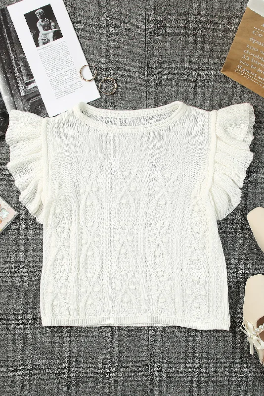 Waterproof Short Sleeve TopsFlutter Sleeve Pompom Detail Knit Top