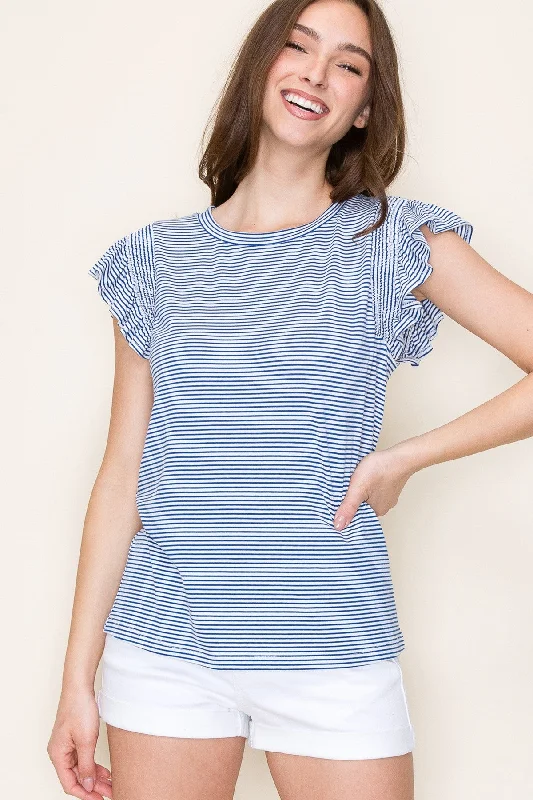 Outdoor Short Sleeve TopsRoyal Striped Flutter Sleeve Top