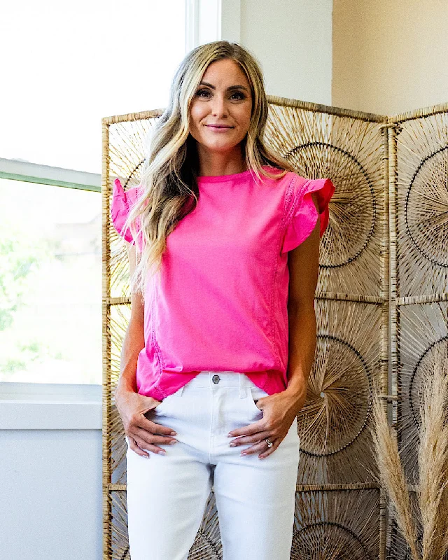 V-Neck Short Sleeve TopsHazel Flutter Sleeve Top with Lace Detail - Pink FINAL SALE