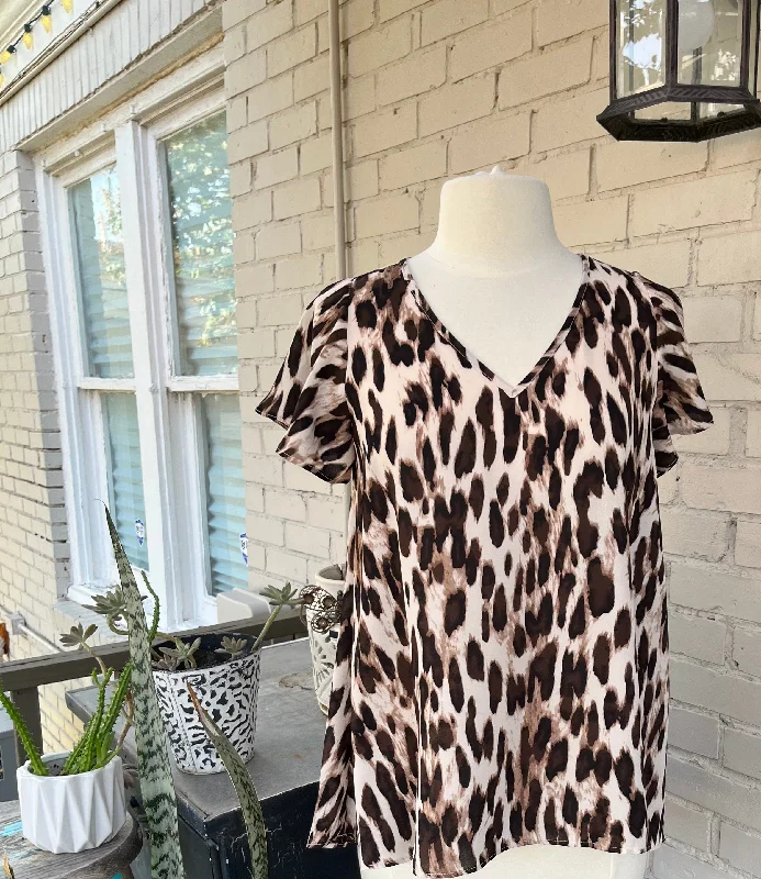 Mesh Short Sleeve TopsAll Over Leopard Top w/ Flutter Sleeve