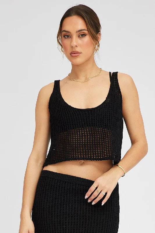 Black Crochet Knit Top Scoop NeckKnitted Striped