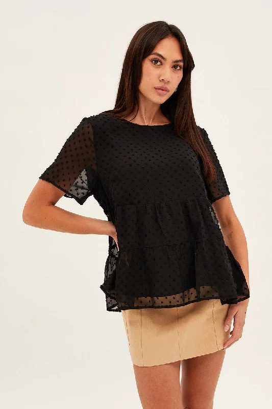 Velvet Short Sleeve TopsBlack Dobby Chiffon Flutter Sleeve Tiered Hem Top