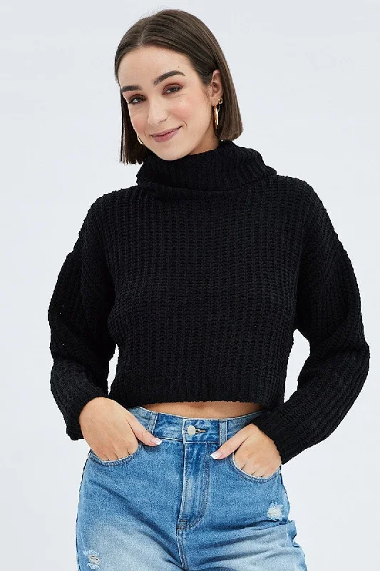 Black Knit Jumper Turtle Neck ChenilleKnitted Layered