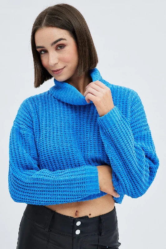 Blue Knit Jumper Turtle Neck ChenilleKnit Sheer