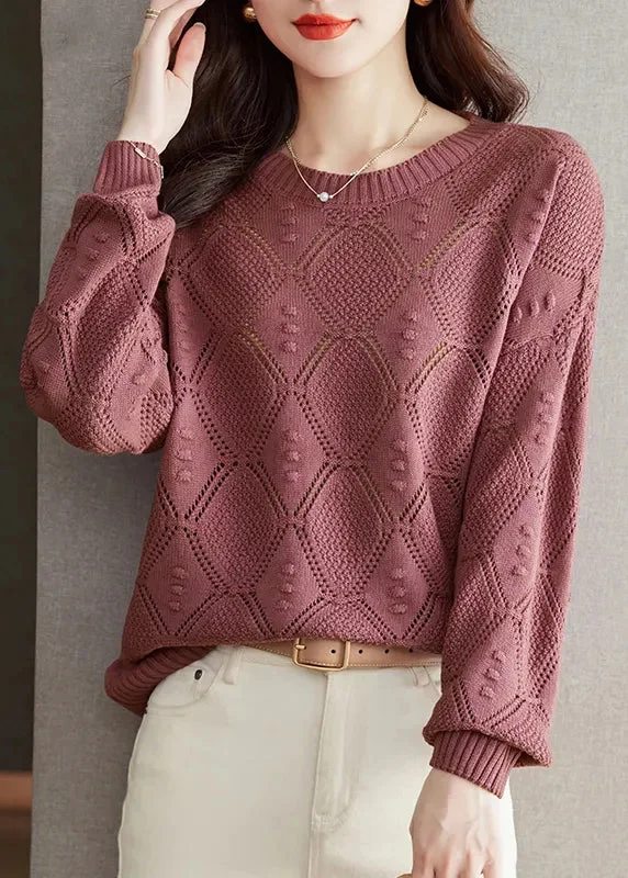 Casual Brick Red O Neck Hollow Out Knitted Tops FallKnit Cable