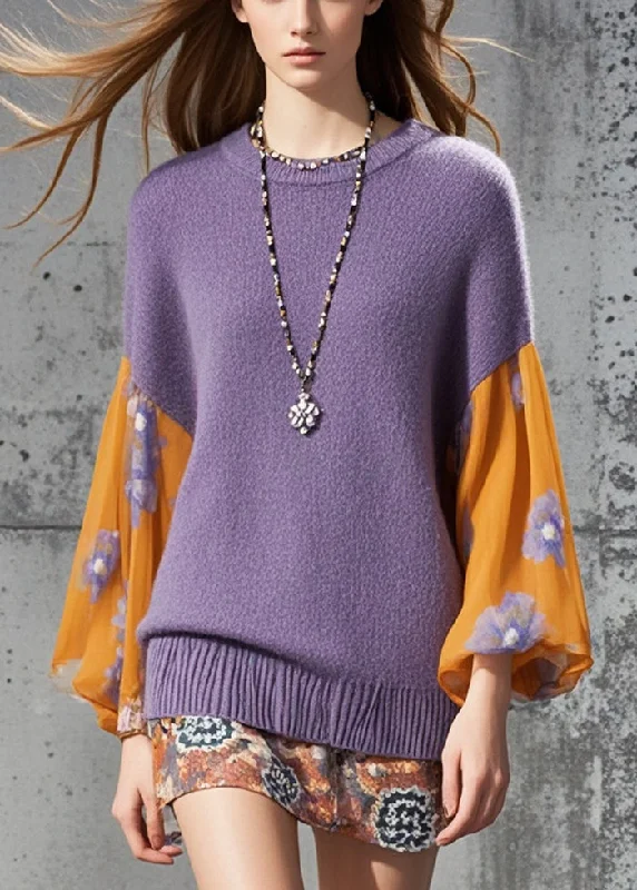 Casual Purple Patchwork Flower Knitted Tops FallKnit Fine