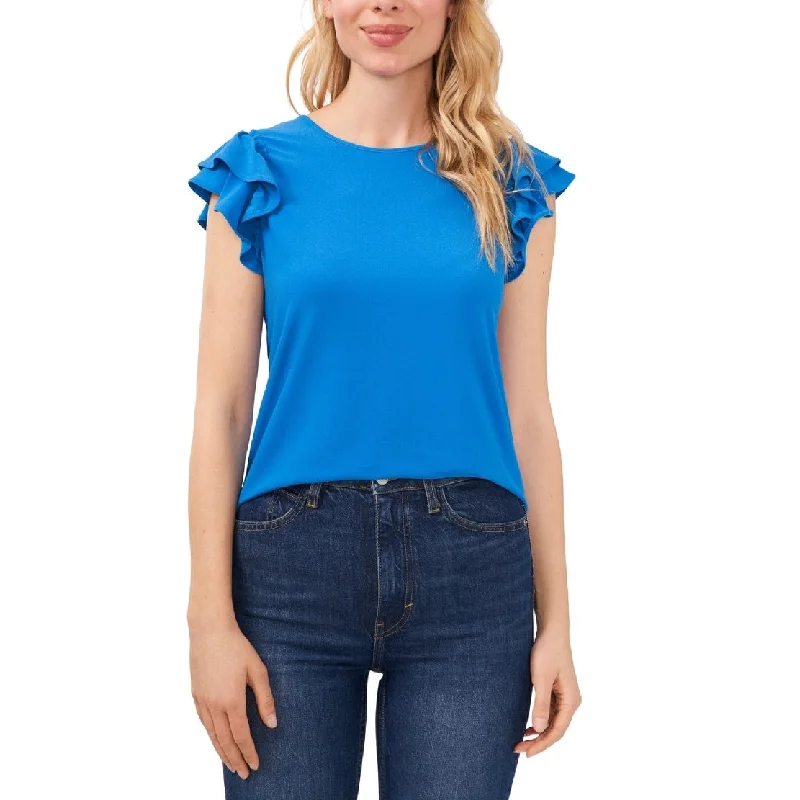 CeCe Women's Double Ruffle Knit Top Blue Size LargeKnitted Sheer