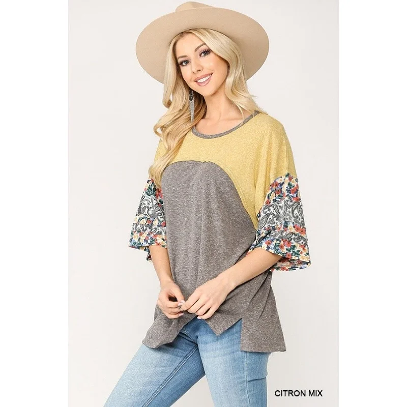 Colorblock Knit And Floral Print Mixed Top With Dolman SleeveKnit Heavyweight