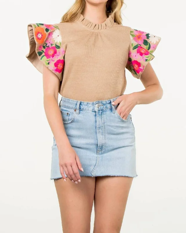 Linen Short Sleeve TopsEmbroidered Flutter Sleeve Top In Beige