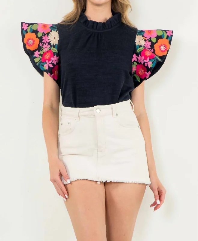 Hemp Short Sleeve TopsEmbroidered Flutter Sleeve Top In Navy