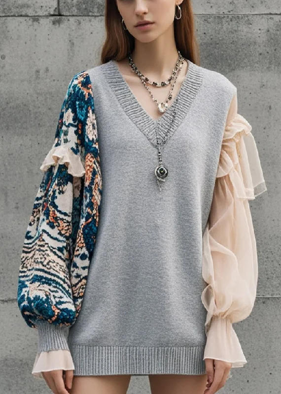 Fine Grey Asymmetrical Patchwork Knitted Tops FallKnit Floral