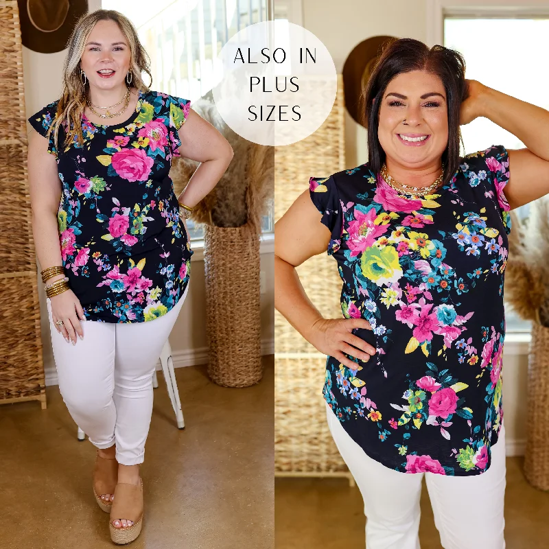 Polyester Short Sleeve TopsDizzy with Desire Flutter Sleeve Floral Top in Navy