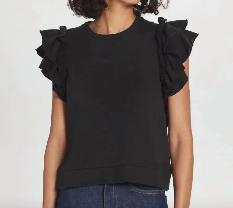 French Terry Short Sleeve TopsFlutter Sleeve French Terry Shell Top In Black