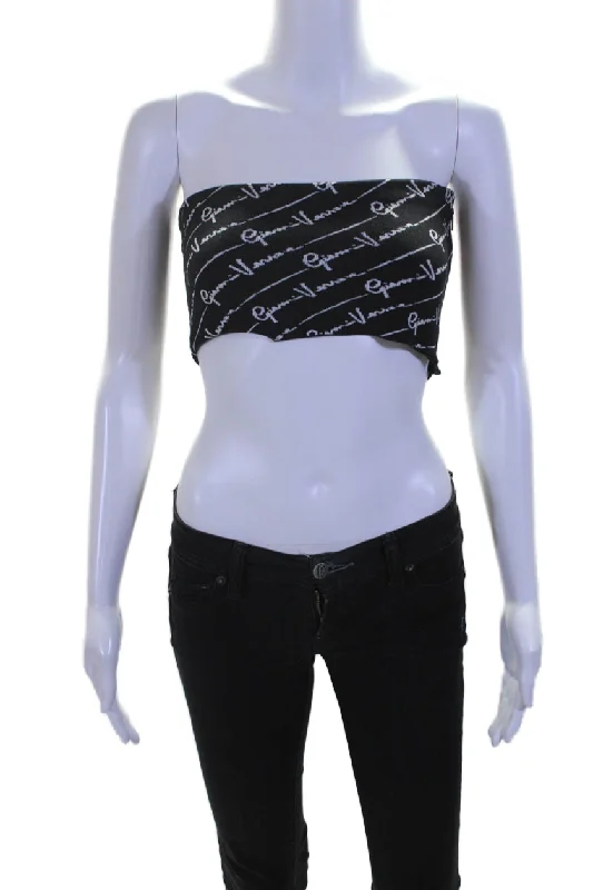 Gianni Versace Womens Cotton Blend Knit Zip Up Strapless Top BlackKnitted Graphic