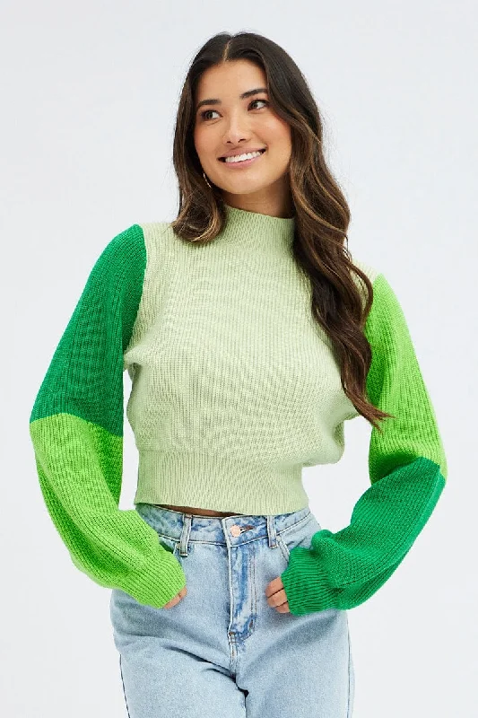 Green Knit Jumper Colour BlockKnit Layered