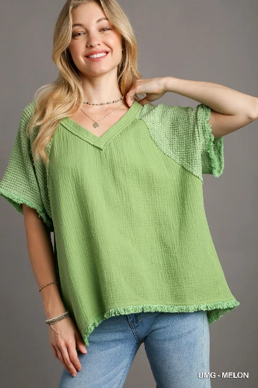 Green Melon Cotton Gauze Boxy Cut Top w/ Waffle Knit SleevesKnitted Cable