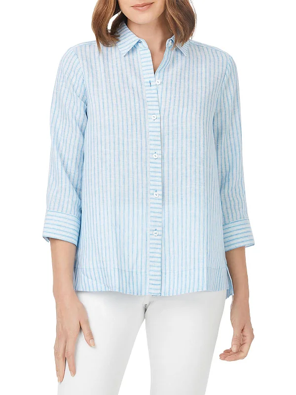 Minimalist down jacketHarley Womens Linen Striped Button-Down Top