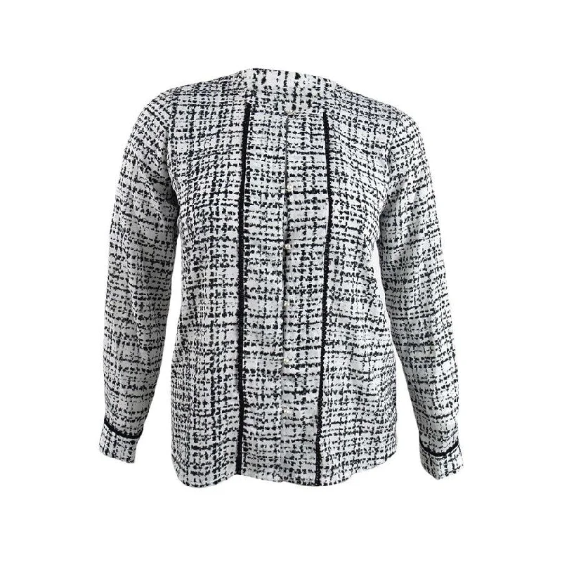 Adjustable brimKarl Lagerfeld Women's Picot Trim Printed Button-Down Top