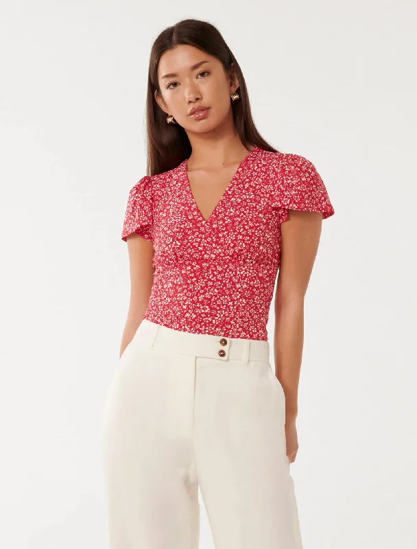 Plush Short Sleeve TopsLulu Printed Flutter Sleeve Top