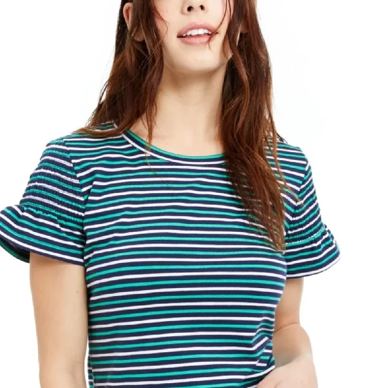 Maison Jules Women's Striped Smocked-Sleeve Knit Top Green Size Extra LargeKnit Solid