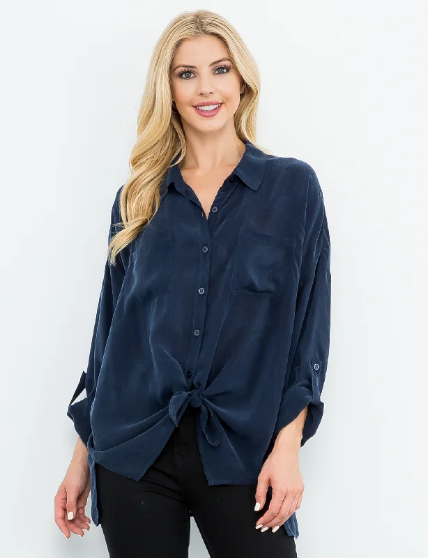 Windproof fabricCargo Button Down Tie Top, Navy