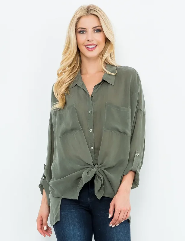 Tear-resistant fabricCargo Button Down Tie Top, Olive