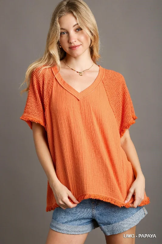 Papaya Cotton Gauze Boxy Cut Top w/ Waffle Knit SleevesKnit Cable