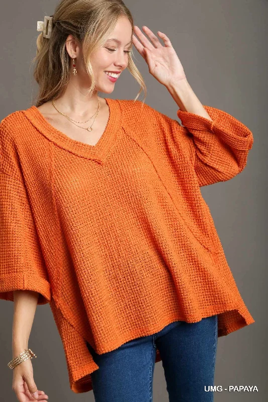 Papaya Waffle Knit Boxy Cut TopKnit Patterned