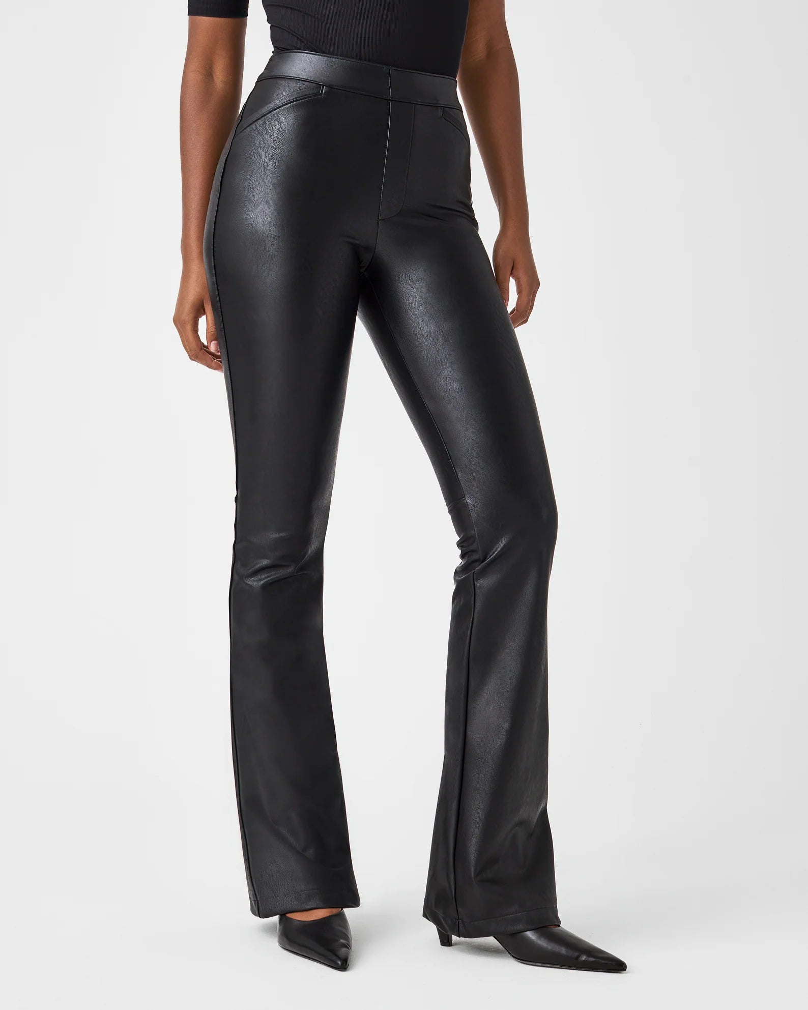 Spanx Petite Leather-Like Flare Pants Luxe Black