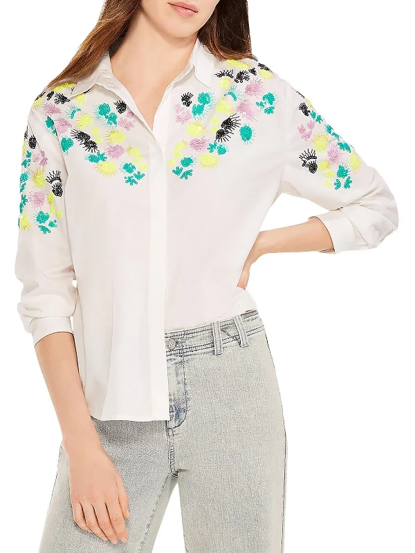 Tear resistancePlaced Petals Womens Sequin Embroidered Button-Down Top