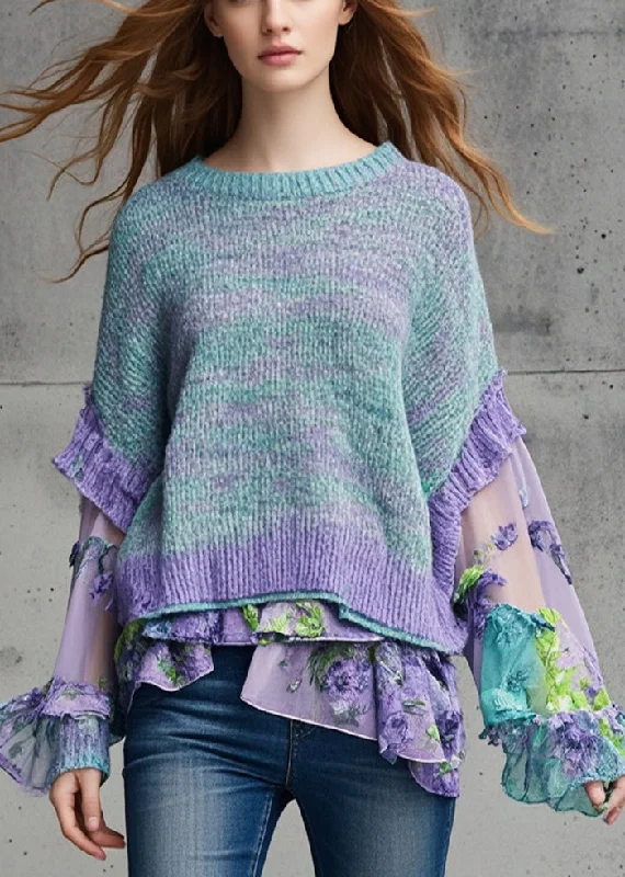 Purple Patchwork Chiffon Knitted Tops Asymmetrical FallKnitted Fine