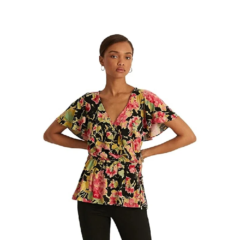 Fishing Short Sleeve TopsRalph Lauren Women's Ruffled Tie Elastic Waist Floral Flutter Sleeve Top Black Size X Large