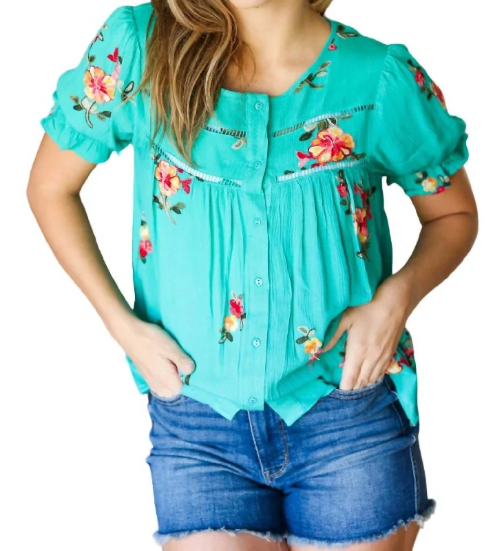 Down cycling suitRemember Me Embroidery Button Down Top In Turquoise Floral