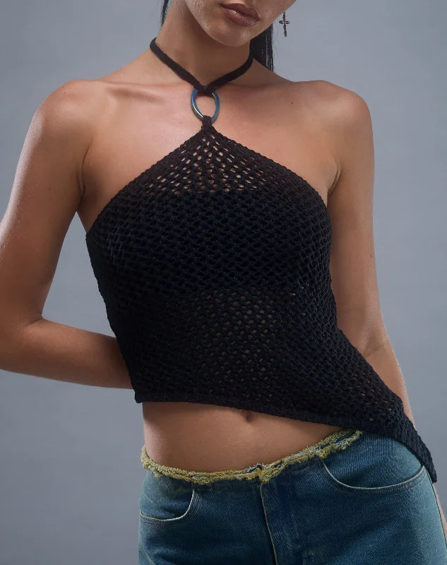 Royani Halterneck Top in Black KnitKnitted Lace