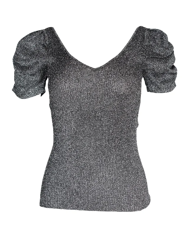 Sandro Metallic Puffed-Sleeved Stretch-Knit Top In Silver PolyesterKnitted Embroidered