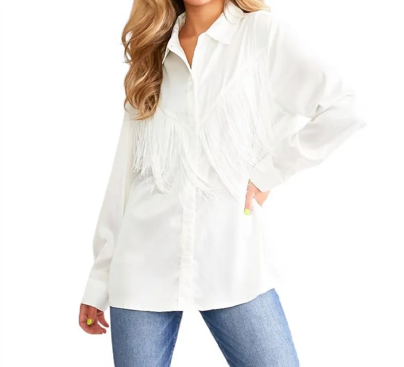 Waterproof performanceSatin Western Fringe Button Down Top In White