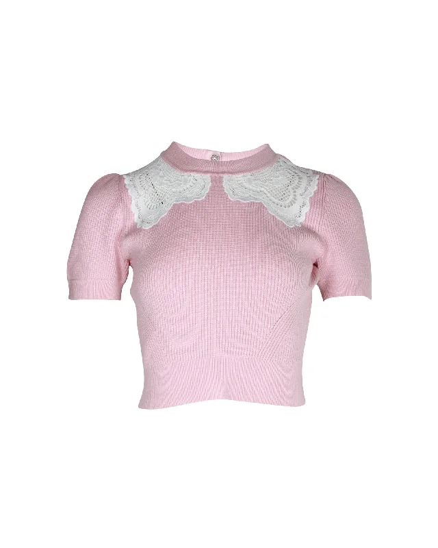 Self-Portrait Lace-Insert Knitted Top in Light Pink CottonKnit Textured