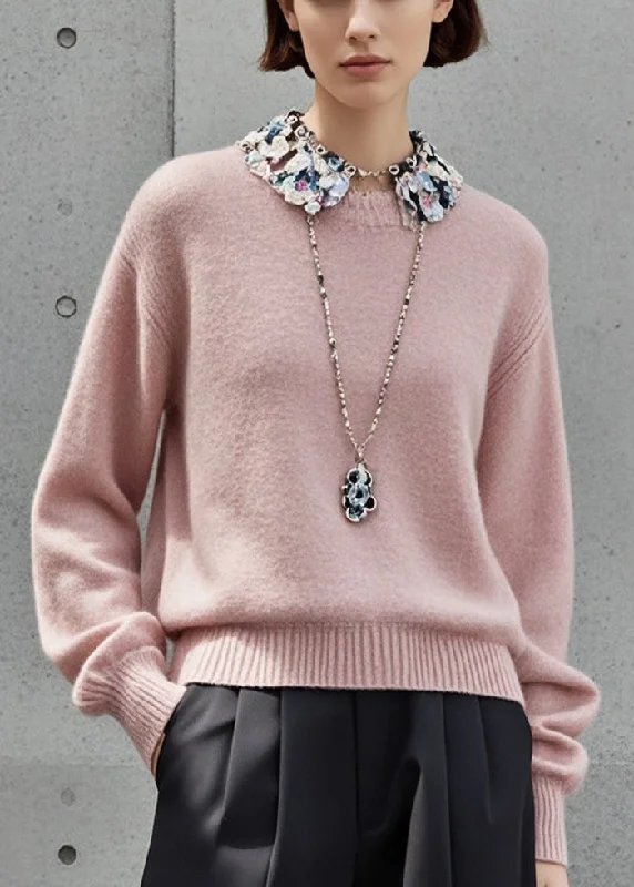 Simple Light Pink Stand Collar Patchwork Knitted Tops FallKnitted Floral